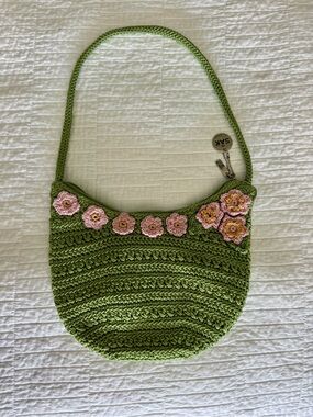 The Sak Olive Green Crochet Shoulder Bag with Pink Flower Detail